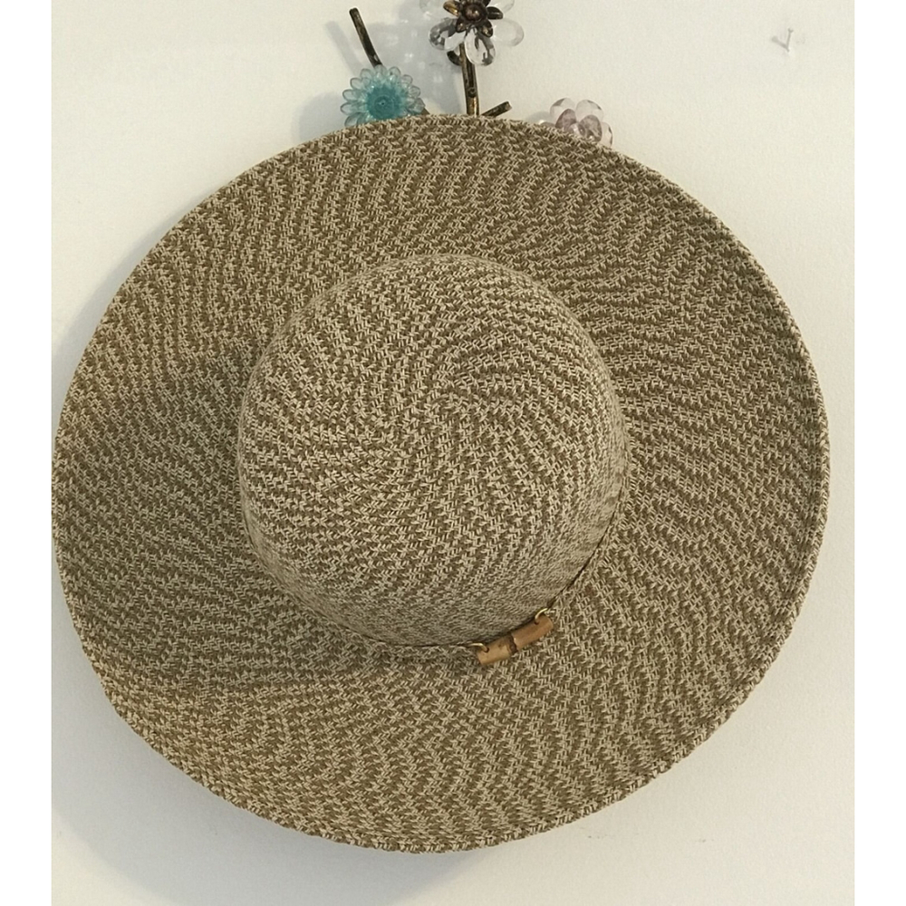 Nine & Co Floppy Sun Hat Nine West Decorative Band Bamboo Bead Woven Beige Tan